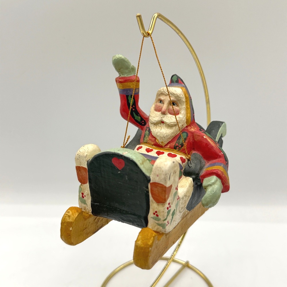 House of Hatten Santa Sleigh 4" Ornament Folk Art Vintage 1989 Goose Christmas